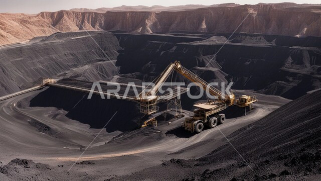 مناطق التنقيب عن الثروات الباطنية، المرتفعات وقمم الجبال في المملكة العربية السعودية, سيارة شحن كبيرة تقوم بالعمل في موقع التعدين, كميات ضخمة من إنتاج الفحم الوطني، مناجم الفحم الطبيعي العربية