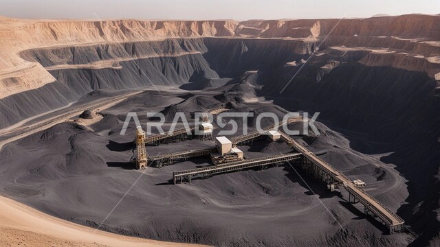 مناطق التنقيب عن الثروات الباطنية، المرتفعات وقمم الجبال في المملكة العربية السعودية, سيارة شحن كبيرة تقوم بالعمل في موقع التعدين, كميات ضخمة من إنتاج الفحم الوطني، مناجم الفحم الطبيعي العربية