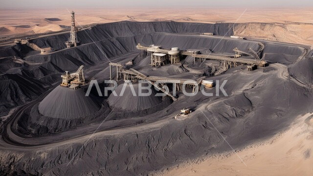 كميات ضخمة من إنتاج الفحم الوطني، مناجم الفحم الطبيعي العربية، مناطق التنقيب عن الثروات الباطنية، المرتفعات وقمم الجبال في المملكة العربية السعودية, سيارة شحن كبيرة تقوم بالعمل في موقع التعدين