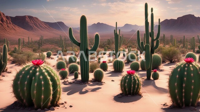 Prickly pear cactus on soft golden sand in desert areas, growth of prickly pears and grasses in the prairies of Saudi Arabia, wild plants and crops in nature reserves, sand dunes and highlands in the desert