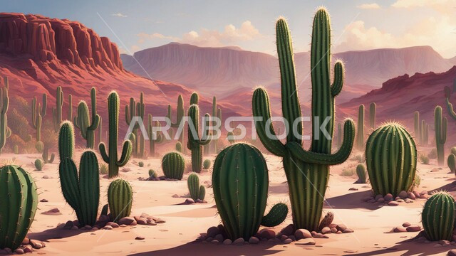 Prickly pear cactus on soft golden sand in desert areas, growth of prickly pears and grasses in the prairies of Saudi Arabia, wild plants and crops in nature reserves, sand dunes and highlands in the desert