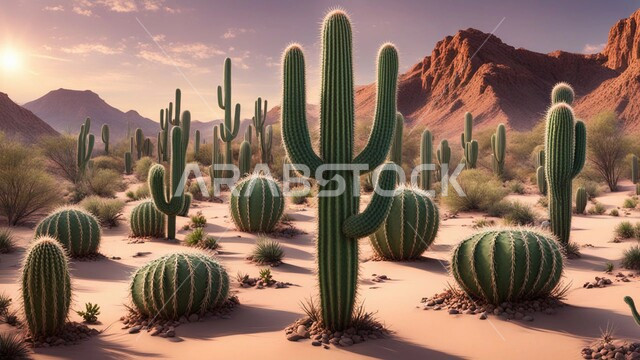   نبات الصبار الشوكي على الرمال الذهبية الناعمة في المناطق الصحراوية، نمو الشوكيات والأعشاب في براري المملكة العربية السعودية النباتات والمزروعات البرية في المحميات الطبيعية، الكثبان والمرتفعات الرملية في الصحراء