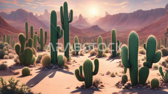 Prickly pear cactus on soft golden sand in desert areas, growth of prickly pears and grasses in the prairies of Saudi Arabia, wild plants and crops in nature reserves, sand dunes and highlands in the desert
