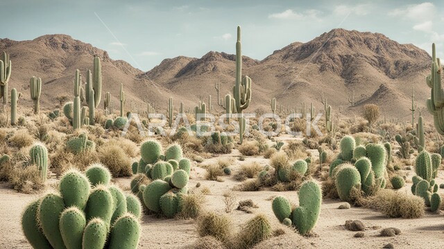  النباتات والمزروعات البرية في المحميات الطبيعية، نمو الشوكيات والأعشاب في براري المملكة العربية السعودية، نبات الصبار الشوكي على الرمال الذهبية الناعمة في المناطق الصحراوية، الكثبان والمرتفعات الرملية في الصحراء