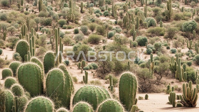  النباتات والمزروعات البرية في المحميات الطبيعية، نمو الشوكيات والأعشاب في براري المملكة العربية السعودية، نبات الصبار الشوكي على الرمال الذهبية الناعمة في المناطق الصحراوية، الكثبان والمرتفعات الرملية في الصحراء