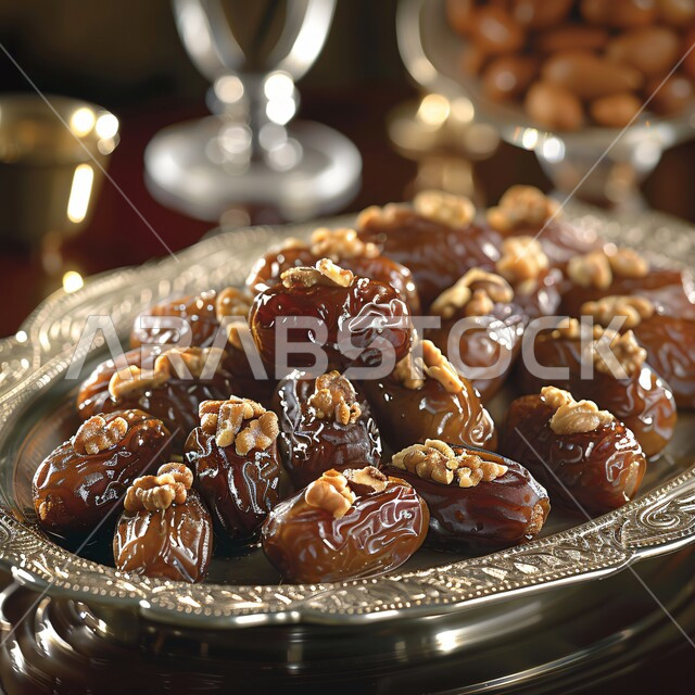 تمور ومكسرات صحية لذيذة، ضيافة رمضانية شهية، غذاء صحي ومفيد، وجبة غذائية عالية الأهمية، منتجات ومحاصيل زراعية محلية سعودية وطنية، أطباق مليئة بالتمر والجوز الشهي
