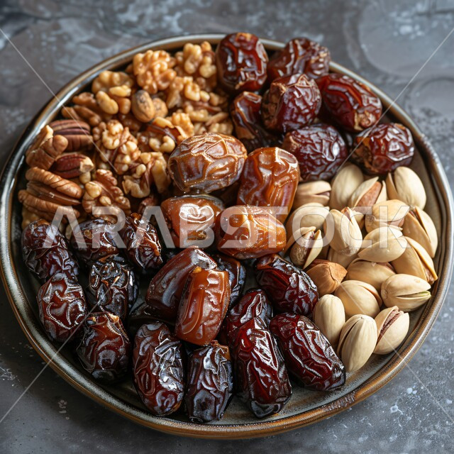 تمور ومكسرات صحية لذيذة، ضيافة رمضانية شهية، غذاء صحي ومفيد، وجبة غذائية عالية الأهمية، منتجات ومحاصيل زراعية محلية سعودية وطنية، أطباق مليئة بالتمر والجوز والفستق الحلبي الشهي
