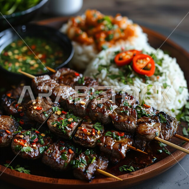 The art of serving distinctive oriental foods, a table full of grilled meats with rice, a table decorated with a variety of delicious grilled kebabs, restaurants and kitchens in the Kingdom of Saudi Arabia, traditional Arabic foods and dishes, meals rich in protein, delicious healthy food recipes