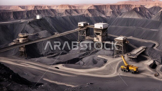 كميات ضخمة من إنتاج الفحم الوطني، مناجم الفحم الطبيعي العربية، مناطق التنقيب عن الثروات الباطنية، المرتفعات وقمم الجبال في المملكة العربية السعودية, سيارة شحن كبيرة تقوم بالعمل في موقع التعدين