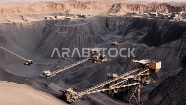 Huge quantities of national coal production, Arab natural coal mines, exploration areas for underground resources, highlands and mountain peaks in the Kingdom of Saudi Arabia, a large cargo vehicle working at the mining site