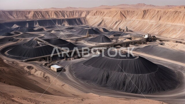 Huge quantities of national coal production, Arab natural coal mines, exploration areas for underground resources, highlands and mountain peaks in the Kingdom of Saudi Arabia, a large cargo vehicle working at the mining site