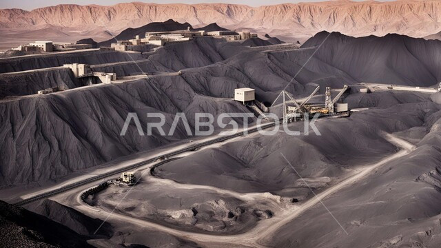 كميات ضخمة من إنتاج الفحم الوطني، مناجم الفحم الطبيعي العربية، مناطق التنقيب عن الثروات الباطنية، المرتفعات وقمم الجبال في المملكة العربية السعودية, سيارة شحن كبيرة تقوم بالعمل في موقع التعدين
