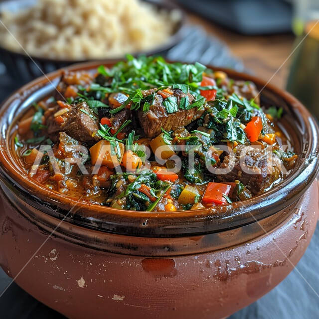 شوربة لحم البقر مع الخضار بالفخارة، طبق من قطع اللحم المشوحة مع الصوص اللذيذ, لحومات مزينة بالخضروات الطازجة المقطعة, وصفات وأطباق طعام لذيذة، وجبات الطعام الشهية، فن التقديم في مطاعم المأكولات الآسيوية