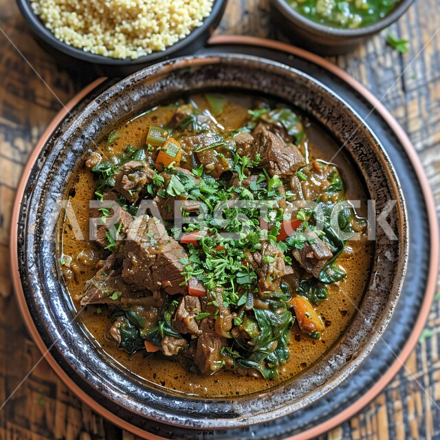 شوربة لحم البقر مع الخضار بالفخارة، طبق من قطع اللحم المشوحة مع الصوص اللذيذ, لحومات مزينة بالخضروات الطازجة المقطعة, وصفات وأطباق طعام لذيذة، وجبات الطعام الشهية، فن التقديم في مطاعم المأكولات الآسيوية