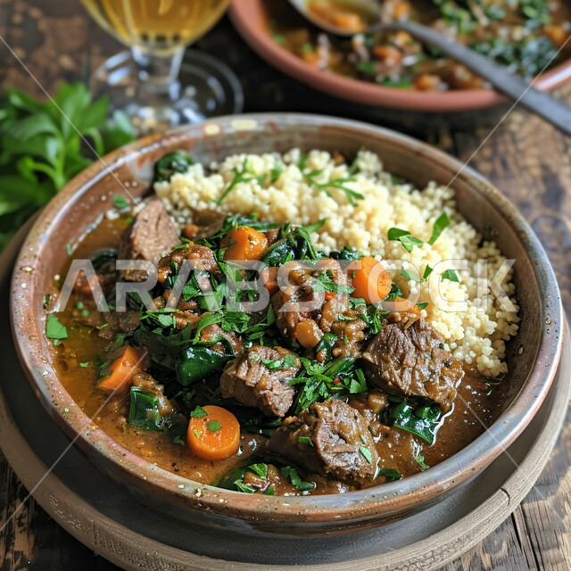 شوربة لحم البقر مع الخضار بالفخارة، طبق من قطع اللحم المشوحة مع الصوص اللذيذ, لحومات مزينة بالخضروات الطازجة المقطعة, وصفات وأطباق طعام لذيذة، وجبات الطعام الشهية، فن التقديم في مطاعم المأكولات الآسيوية