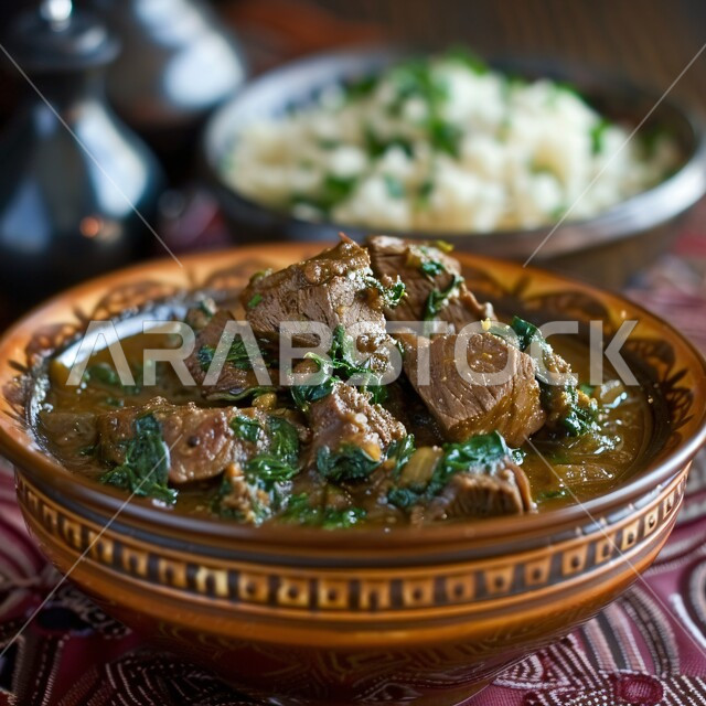 شوربة لحم البقر مع الخضار بالفخارة، طبق من قطع اللحم المشوحة مع الصوص اللذيذ, لحومات مزينة بالخضروات الطازجة المقطعة, وصفات وأطباق طعام لذيذة، وجبات الطعام الشهية، فن التقديم في مطاعم المأكولات الآسيوية