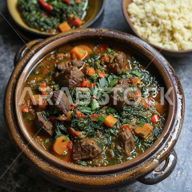 شوربة لحم البقر مع الخضار بالفخارة، طبق من قطع اللحم المشوحة مع الصوص اللذيذ, لحومات مزينة بالخضروات الطازجة المقطعة, وصفات وأطباق طعام لذيذة، وجبات الطعام الشهية، فن التقديم في مطاعم المأكولات الآسيوية