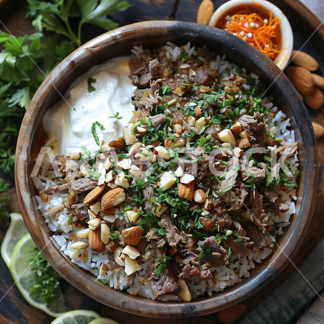 فن الطهي للمأكولات العربية الشرقية، صورة مقربة لطبق من الأرز الأبيض مع الخضروات وقطع اللحم المطهية، أكلات غذائية غنية بالبروتين، وصفات تقليدية مشهورة في مطاعم المملكة العربية السعودية، وجبات وأطباق شعبية