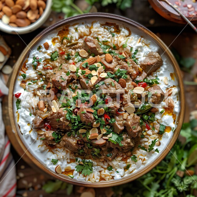 فن الطهي للمأكولات العربية الشرقية، صورة مقربة لطبق من الأرز الأبيض مع الخضروات وقطع اللحم المطهية، أكلات غذائية غنية بالبروتين، وصفات تقليدية مشهورة في مطاعم المملكة العربية السعودية، وجبات وأطباق شعبية