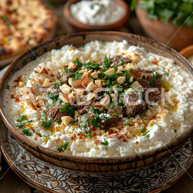 فن الطهي للمأكولات العربية الشرقية، صورة مقربة لطبق من الأرز الأبيض مع الخضروات وقطع اللحم المطهية، أكلات غذائية غنية بالبروتين، وصفات تقليدية مشهورة في مطاعم المملكة العربية السعودية، وجبات وأطباق شعبية