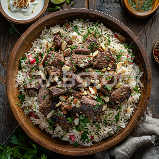 فن الطهي للمأكولات العربية الشرقية، صورة مقربة لطبق من الأرز الأبيض مع الخضروات وقطع اللحم المطهية، أكلات غذائية غنية بالبروتين، وصفات تقليدية مشهورة في مطاعم المملكة العربية السعودية، وجبات وأطباق شعبية