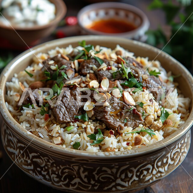 Culinary art of oriental Arabic cuisine, close-up of a plate of white rice with vegetables and cooked meat pieces, protein-rich foods, traditional recipes popular in Saudi Arabia restaurants, popular meals and dishes