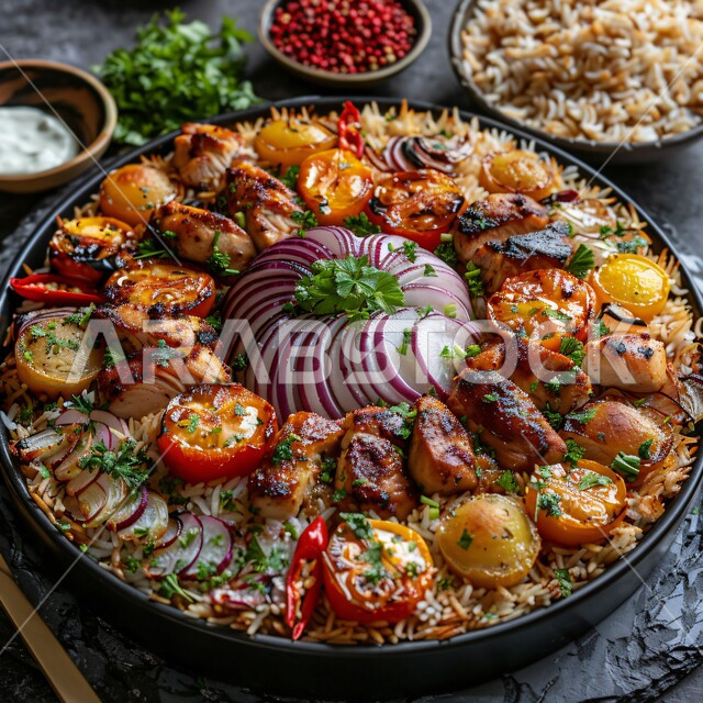  صحن من رز الكبسة المطهي مع الخضراوات الطازجة، فنون تقديم الطعام في المطاعم الشرقية، مأكولات وأطباق عربية تقليدية، صورة مقربة لطبق من أرز البرياني مع قطع من الدجاج المشوي، وصفات الطعام الصحية الشهية