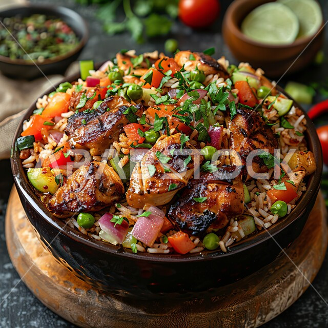  صحن من رز الكبسة المطهي مع الخضراوات الطازجة، فنون تقديم الطعام في المطاعم الشرقية، مأكولات وأطباق عربية تقليدية، صورة مقربة لطبق من أرز البرياني مع قطع من الدجاج المشوي، وصفات الطعام الصحية الشهية