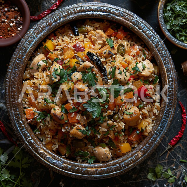  صحن من رز الكبسة المطهي مع الخضراوات الطازجة، فنون تقديم الطعام في المطاعم الشرقية، مأكولات وأطباق عربية تقليدية، صورة مقربة لطبق من أرز البرياني مع قطع من الدجاج المشوي، وصفات الطعام الصحية الشهية