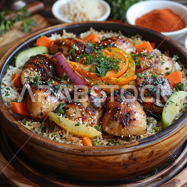  صحن من رز الكبسة المطهي مع الخضراوات الطازجة، فنون تقديم الطعام في المطاعم الشرقية، مأكولات وأطباق عربية تقليدية، صورة مقربة لطبق من أرز البرياني مع قطع من الدجاج المشوي، وصفات الطعام الصحية الشهية