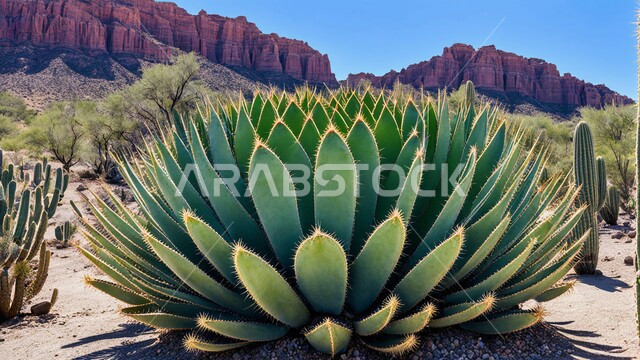 مجموعة من نبات الصبار الشوكي في المناطق الصحراوية, النباتات والمزروعات البرية في المحميات الطبيعية, نمو الشوكيات والأعشاب في براري المملكة العربية السعودية
