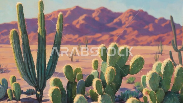 النباتات والمزروعات البرية في المحميات الطبيعية, نبات الصبار الشوكي على الرمال الذهبية الناعمة في المناطق الصحراوية، نمو الشوكيات والأعشاب في براري المملكة العربية السعودية