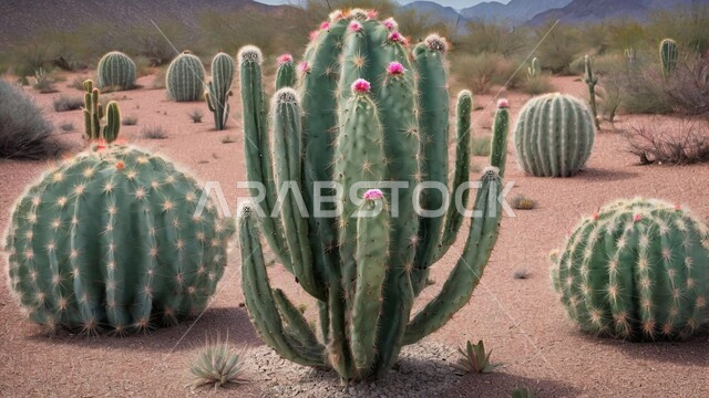 النباتات والمزروعات البرية في المحميات الطبيعية, نبات الصبار الشوكي على الرمال الذهبية الناعمة في المناطق الصحراوية، نمو الشوكيات والأعشاب في براري المملكة العربية السعودية