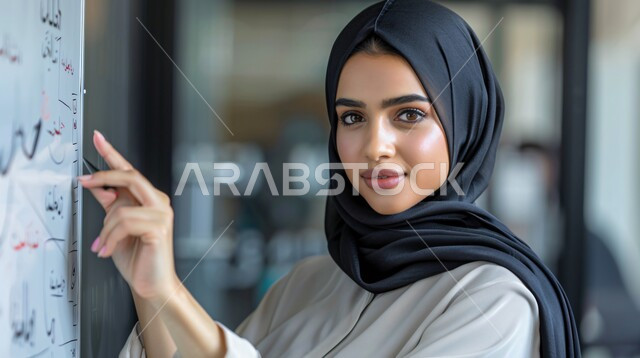 المناهج التعليمية الحديثة والمطورة بالمملكة العربية السعودية، حل الواجبات المدرسية في الفصل، أهداف التربية والتعليم، صورة مقربة لمعلمة عربية سعودية خليجية مبتسمة ترتدي الحجاب تقوم بشرح الدرس على السبورة