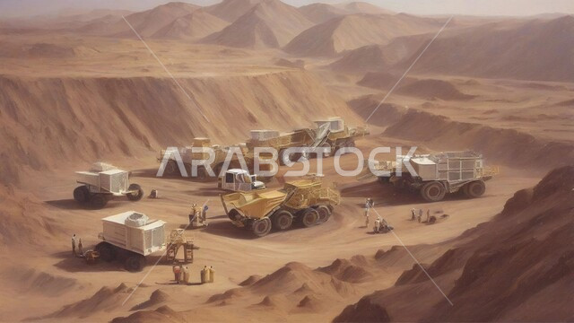 الالات والمعدات الضخمة والجرافات الكبيرة تقوم بالعمل في موقع التعدين، التخلص من الأتربة والصخور ونقلها بعيدا, مناطق التنقيب عن الثروات الباطنية، الطبيعة الصخرية وتضاريس السلاسل الجبلية، المرتفعات وقمم الجبال في المملكة العربية السعودية