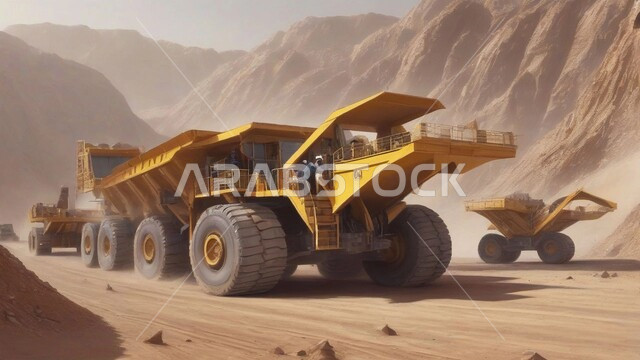 Huge machinery, equipment and large bulldozers work at the mining site, removing dirt and rocks and transporting them away, areas for prospecting for underground resources, rocky nature and terrain of mountain ranges, highlands and mountain peaks in the Kingdom of Saudi Arabia