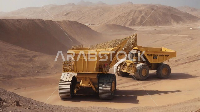 الالات والمعدات الضخمة والجرافات الكبيرة تقوم بالعمل في موقع التعدين، التخلص من الأتربة والصخور ونقلها بعيدا, مناطق التنقيب عن الثروات الباطنية، الطبيعة الصخرية وتضاريس السلاسل الجبلية، المرتفعات وقمم الجبال في المملكة العربية السعودية