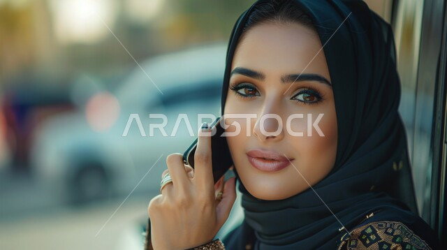 التواصل والاطمئنان على الأصدقاء, قضاء اوقات ممتعة بتبادل الاخبار والأحاديث، صورة مقربة لامرأة عربية سعودية خليجية مبتسمة ترتدي الحجاب تقوم بإجراء مكالمة صوتية عبر الجوال، الإجابة والرد على الاتصالات بإستخدام الهاتف المحمول