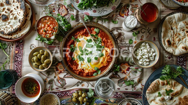 طبق فطور شرقي تقليدي، الأكلات الصحية اللذيذة, وجبات وأطباق شعبية, المأكولات الشرقية الشهية, فنون تقديم الطعام في مطاعم المملكة العربية السعودية, وصفات الأطعمة العربية، طبق شكشوكة البيض مخبوز في صلصة الطماطم الحارة