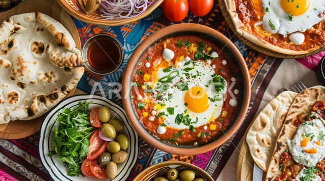 وجبة فطور صباحية مفيدة وسريعة، الاومليت اللذيذ المليء بالبروتينات الصحية، وجبات اتباع الحميات الغذائية، طبق البيض المقلي مع الطماطم والفلفل الحار المزين بالبقدونس، أطباق إفطار تقليدية، مأكولات طازجة مغذية