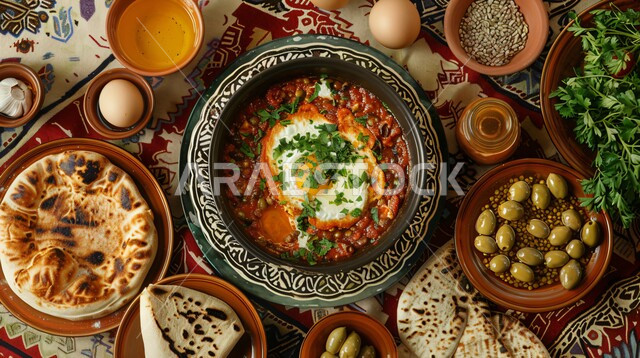 وجبة فطور صباحية مفيدة وسريعة، الاومليت اللذيذ المليء بالبروتينات الصحية، وجبات اتباع الحميات الغذائية، طبق البيض المقلي مع الطماطم والفلفل الحار المزين بالبقدونس، أطباق إفطار تقليدية، مأكولات طازجة مغذية