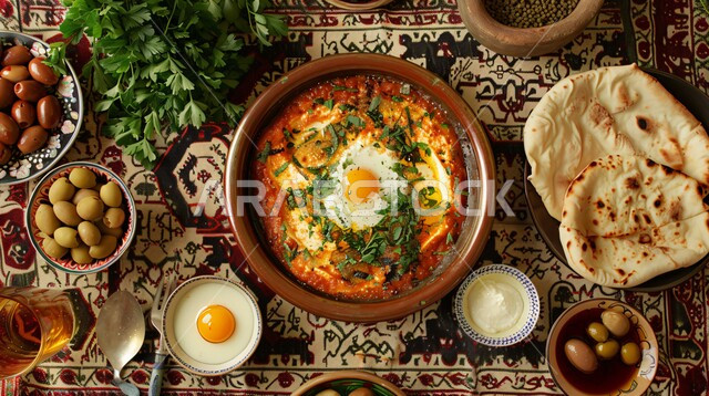 وجبة فطور صباحية مفيدة وسريعة، الاومليت اللذيذ المليء بالبروتينات الصحية، وجبات اتباع الحميات الغذائية، طبق البيض المقلي مع الطماطم والفلفل الحار المزين بالبقدونس، أطباق إفطار تقليدية، مأكولات طازجة مغذية