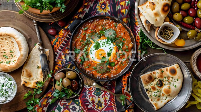 وجبة فطور صباحية مفيدة وسريعة، الاومليت اللذيذ المليء بالبروتينات الصحية، وجبات اتباع الحميات الغذائية، طبق البيض المقلي مع الطماطم والفلفل الحار المزين بالبقدونس، أطباق إفطار تقليدية، مأكولات طازجة مغذية