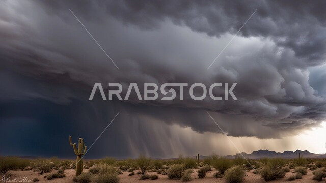 الجو العاصف الهائج المحمل بالغبار والأتربة في صحاري السعودية، عاصفة من الرياح تضرب الصحراء، الزوايع الغبارية القوية، نمو النباتات والشوكيات البرية في الأراضي الصحراوية، أجواء وطقوس قاسية، التشكلات والتكوينات الرملية في المملكة