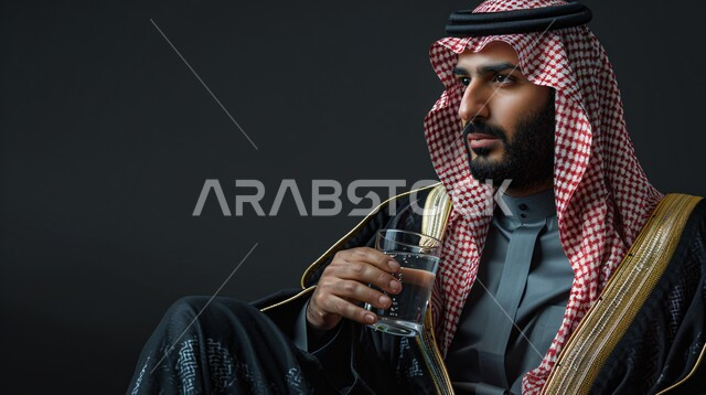 الاهتمام بالأناقة والمظهر الخارجي، بورتريه مقرب لرجل عربي خليجي سعودي يرتدي الشماغ والثوب التقليدي باللون الاسود يحمل بيده كأس ماء ينظر إلى مكان ما بإيماءات الجدية والحزم، الشعور بالثقة في النفس، خلفية سوداء