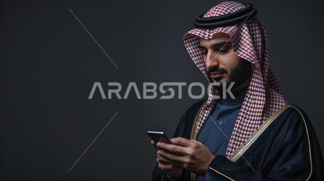 Using modern technical devices, interest in elegance and appearance, close-up portrait of a Saudi Arabian Gulf man wearing a traditional black keffiyeh and thobe, holding a mobile phone in his hand, looking somewhere with gestures of seriousness and firmness, feeling self-confident, black background