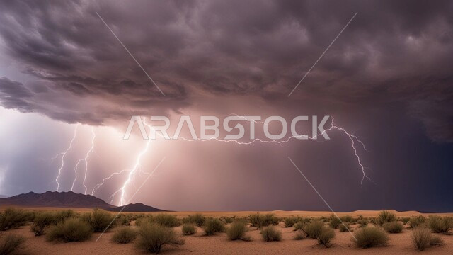 الظواهر والكوارث الطبيعية، الجو العاصف الهائج المحمل بالغبار والأتربة في صحاري السعودية، عاصفة من الرياح تضرب الصحراء، الزوايع الغبارية القوية، نمو النباتات والشوكيات البرية في الأراضي الصحراوية، منظر السماء الممتلئة بالغيوم الداكنة، التشكلات والتكوينات الرملية