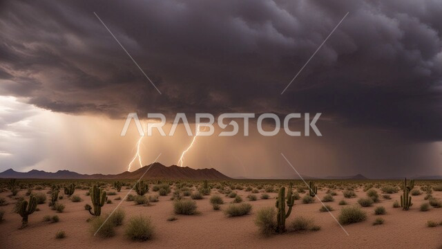 الظواهر والكوارث الطبيعية، الجو العاصف الهائج المحمل بالغبار والأتربة في صحاري السعودية، عاصفة من الرياح تضرب الصحراء، الزوايع الغبارية القوية، نمو النباتات والشوكيات البرية في الأراضي الصحراوية، منظر السماء الممتلئة بالغيوم الداكنة، التشكلات والتكوينات الرملية