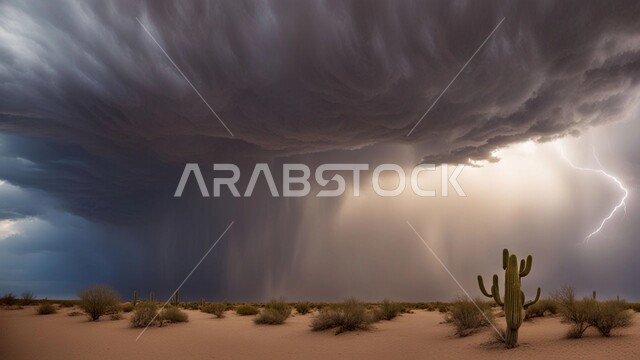 الظواهر والكوارث الطبيعية، الجو العاصف الهائج المحمل بالغبار والأتربة في صحاري السعودية، عاصفة من الرياح تضرب الصحراء، الزوايع الغبارية القوية، نمو النباتات والشوكيات البرية في الأراضي الصحراوية، منظر السماء الممتلئة بالغيوم الداكنة، التشكلات والتكوينات الرملية