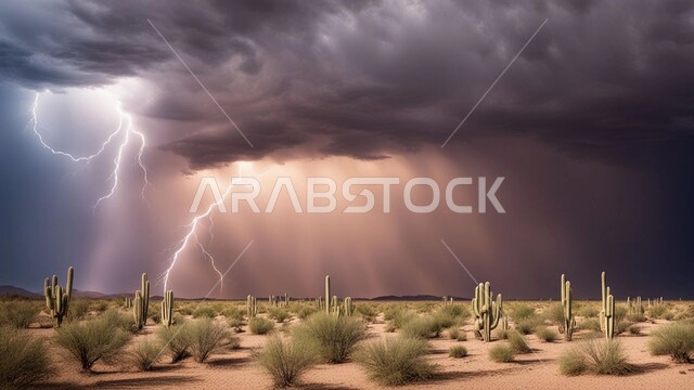 Natural phenomena and disasters, stormy weather laden with dust and dirt in the deserts of Saudi Arabia, a windstorm hitting the desert, strong dust storms, the growth of wild plants and thorns in the desert lands, a view of the sky filled with dark clouds, sand formations and formations
